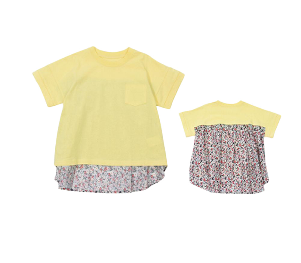 カットソー Tシャツ 異素材切り替え 半袖 子供服 キッズ レモンイエロー×フラワー バリエーション画像