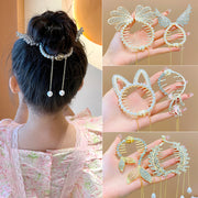 ヘアクリップ テールクリップ キッズ ジュニア ヘアアクセサリー 女の子 女児 子ども 子供 ポニーテール まとめ髪 おだんご 髪飾り ヘアアレンジ ネコ ラインストーン 揺れる