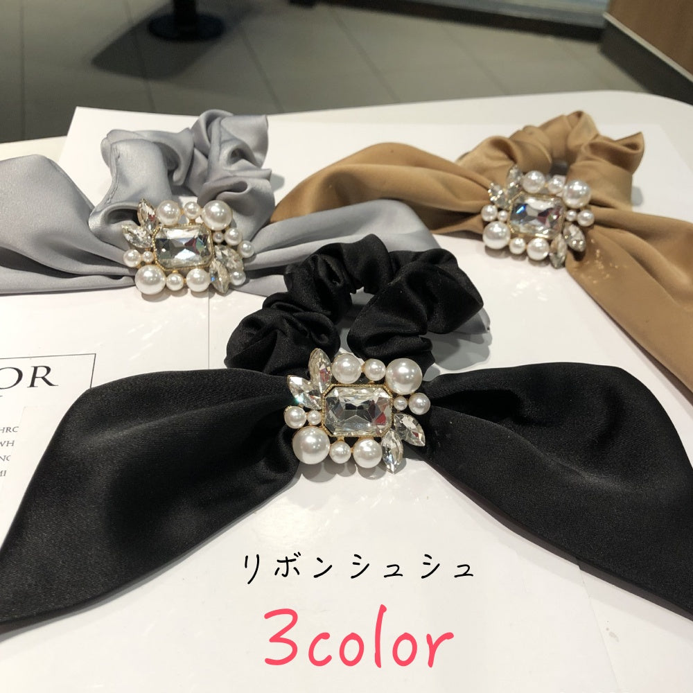 リボンシュシュ スカーフシュシュ レディース 女性 ヘアアクセサリー ファッション雑貨 小物 フェイクパール ラインストーン 無地 イエロー ブラック グレー おしゃれ 可愛い キュート 華やか エレガント