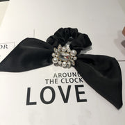 リボンシュシュ スカーフシュシュ レディース 女性 ヘアアクセサリー ファッション雑貨 小物 フェイクパール ラインストーン 無地 イエロー ブラック グレー おしゃれ 可愛い キュート 華やか エレガント
