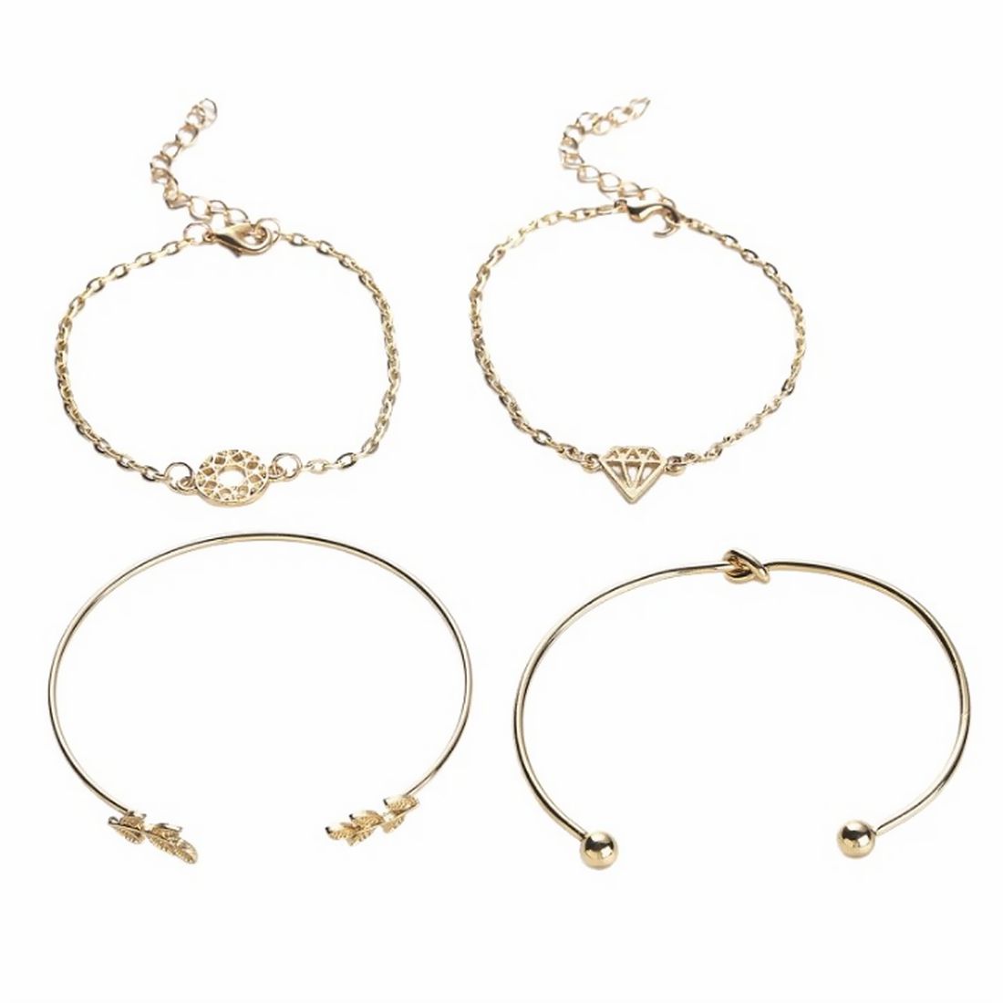 ブレスレット バングル 4本セット レディース 女性 アクセサリー 重ね付け リーフ サボテン 細め 華奢 上品 高見え 高級感 シンプル ファッション小物