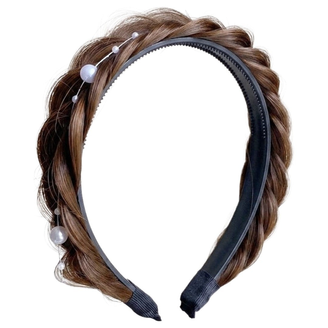 カチューシャ 部分ウィッグ レディース ヘアアクセサリー ファッション雑貨 エクステ付き 三つ編み フェイクパール ブラック ブラウン シンプル カジュアル ポップ 可愛い キュート おしゃれ