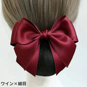 バレッタ ヘアネット付き レディース シニヨンヘア お団子ヘア リボン 髪留め ヘアアクセサリー サテン調 光沢感 上品 大人可愛い 女性用 婦人用