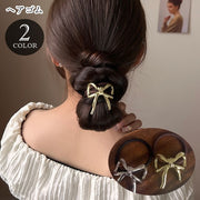 ヘアゴム 髪ゴム レディース 女性 ヘアアクセサリー ファッション雑貨 リボン 飾り付き メタリック 無地 シルバーカラー ゴールドカラー フェミニン ガーリー 可愛い キュート おしゃれ シック ライトフォーマル