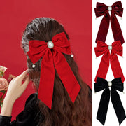 バレッタ レディース ヘアアクセサリー ヘアクリップ リボン ロング ビッグ フェイクパール 髪留め 髪飾り ヘアアレンジ 大人上品 お出かけ かわいい
