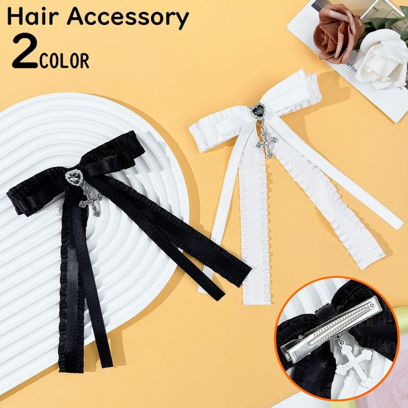ヘアクリップ ヘアアクセサリー レディース 髪飾り ロングリボン 2連 ダブル 大きめ 十字架 クロス ハート型ビジュー 可愛い