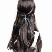 ヘアクリップ ヘアアクセサリー レディース 髪飾り ロングリボン 2連 ダブル 大きめ 十字架 クロス ハート型ビジュー 可愛い