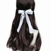ヘアクリップ ヘアアクセサリー レディース 髪飾り ロングリボン 2連 ダブル 大きめ 十字架 クロス ハート型ビジュー 可愛い