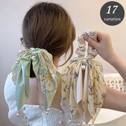 シュシュ リボン付き 単品 ヘアゴム ヘアアクセサリー レディース 花柄 フラワー フェイクパール 髪飾り 髪留め まとめ髪 ヘアアレンジ おしゃれ かわいい フェミニン 大人上品 きれいめ お出かけ 女性用