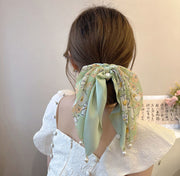 シュシュ リボン付き 単品 ヘアゴム ヘアアクセサリー レディース 花柄 フラワー フェイクパール 髪飾り 髪留め まとめ髪 ヘアアレンジ おしゃれ かわいい フェミニン 大人上品 きれいめ お出かけ 女性用
