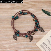 ブレスレット レディース コード 紐 アクセサリー ビーズ 鈴 チャーム リーフ エスニック ハンドメイド風 手作り風 おしゃれ