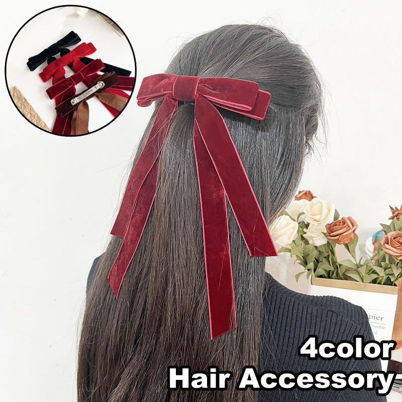 バレッタ ヘアクリップ リボン レディース 女性 ヘアアクセサリー 髪留め 髪飾り ロング 垂れる 大きめ ビッグ ベロア調 ヘアアレンジ まとめ髪 華やか 婦人用 ファッション小物