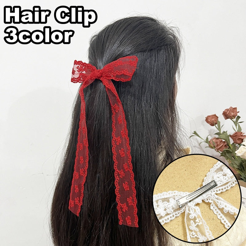 ヘアクリップ リボン レディース 女性 ヘアアクセサリー 髪留め 髪飾り レース ロング 垂れる 大きめ 存在感 ヘアアレンジ まとめ髪 シンプル 婦人用 ファッション小物