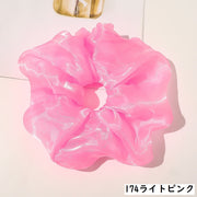 シュシュ ヘアゴム レディース ヘアアクセサリー 髪飾り 髪留め まとめ髪 大きめ ボリューム ビッグ オーガンジー 光沢感 透け感 無地 シンプル 上品 カジュアル ヘアレンジ デイリー 普段使い かわいい おしゃれ 大きい 大ぶり 存在感 アズキ ピンク グレー ブラック ベージュ ゴールドカラー イエロー ラベンダー パープル オレンジ ローズ