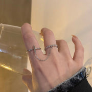 指輪 ダブルチェーンリング レディース 女性用 オープンリング ラインストーン ひし形 ウェーブ ギザギザ クロス 十字架 おしゃれ 華やか かわいい プレゼント ギフト 誕生日 記念日 デイリー 普段使い お出かけ