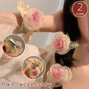 シュシュ ヘアゴム 髪ゴム ヘアクリップ レディース 女性用 ヘアアクセサリー 髪飾り 花 バラ 薔薇 フラワー チュールレース 透け感 シースルー ベージュ まとめ髪 ヘアアレンジ 髪留め かわいい 上品 おしゃれ