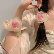 シュシュ ヘアゴム 髪ゴム ヘアクリップ レディース 女性用 ヘアアクセサリー 髪飾り 花 バラ 薔薇 フラワー チュールレース 透け感 シースルー ベージュ まとめ髪 ヘアアレンジ 髪留め かわいい 上品 おしゃれ
