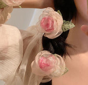 シュシュ ヘアゴム 髪ゴム ヘアクリップ レディース 女性用 ヘアアクセサリー 髪飾り 花 バラ 薔薇 フラワー チュールレース 透け感 シースルー ベージュ まとめ髪 ヘアアレンジ 髪留め かわいい 上品 おしゃれ