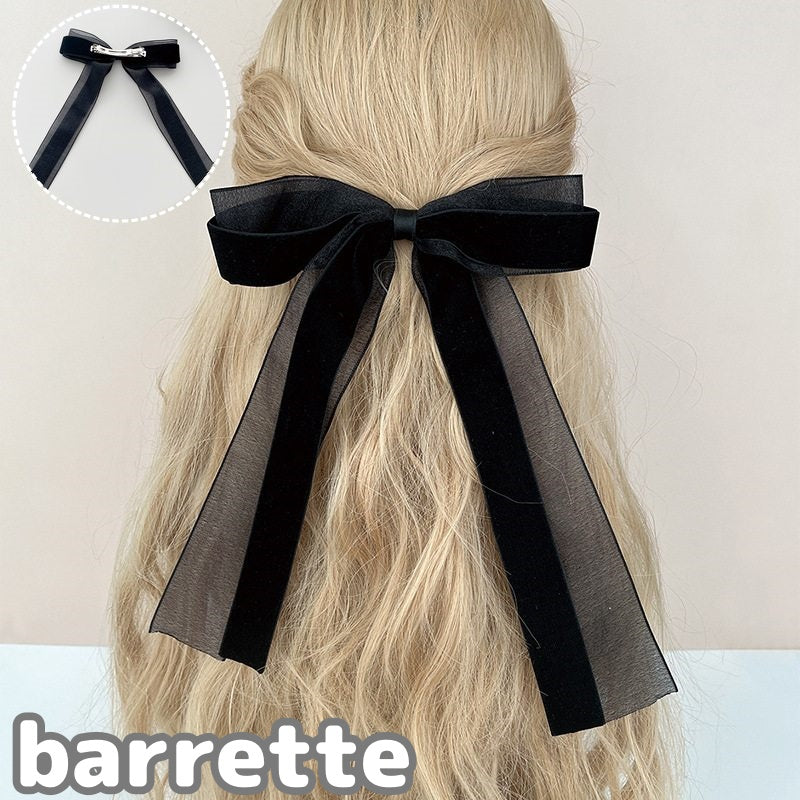 バレッタ 髪留め レディース 女性 ヘアアクセサリー リボン ロング丈 長め 透け感 髪飾り ヘアアレンジ ハーフアップ まとめ髪 無地 シンプル フェミニン ガーリー おしゃれ かわいい 上品