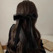 バレッタ 髪留め レディース 女性 ヘアアクセサリー リボン ロング丈 長め 透け感 髪飾り ヘアアレンジ ハーフアップ まとめ髪 無地 シンプル フェミニン ガーリー おしゃれ かわいい 上品