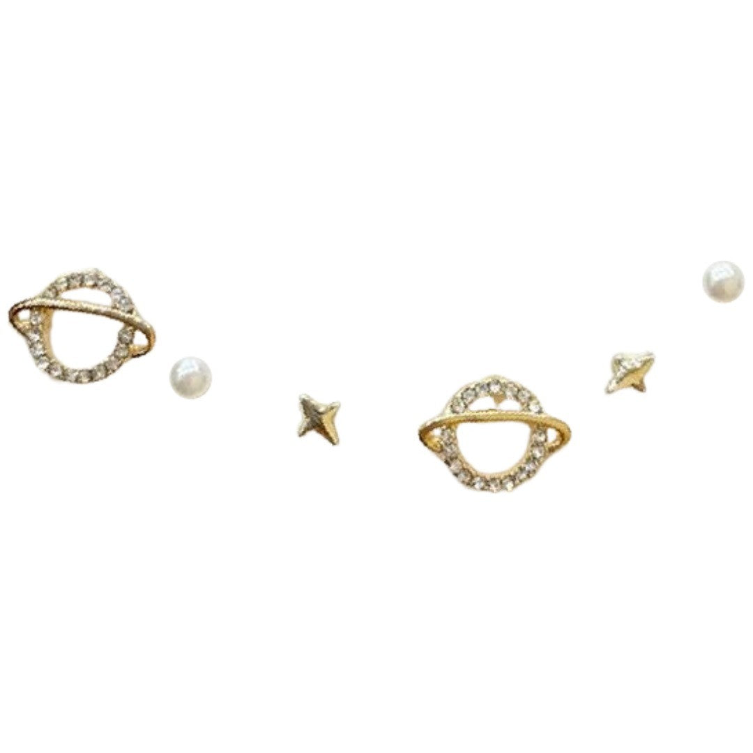 スタッドピアス 3ペアセット アクセサリー レディース 女性用 ファッション小物 小ぶり 小さめ ラインストーン フェイクパール ボール 惑星 土星 プラネット シンプル かわいい おしゃれ 上品 プレゼント ギフト 誕生日 記念日 デイリー 普段使い 通勤 通学 オフィス
