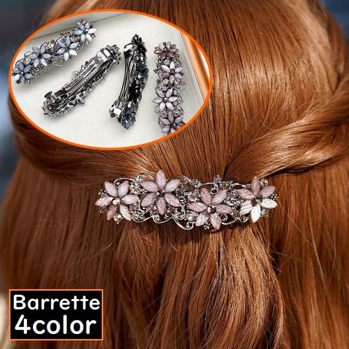 バレッタ レディース ヘアクリップ ヘアアクセサリー 髪飾り 髪留め 金属製 花 フラワー ラインストーン キラキラ まとめ髪
