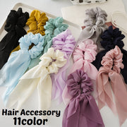 シュシュ ヘアゴム ロングリボン レディース ヘアアクセサリー 髪飾り 髪留め シフォン 透け感 無地 シンプル カジュアル まとめ髪 ヘアアレンジ デイリー 普段使い お出かけ かわいい おしゃれ グレー ブラック ピンク イエロー グリーン ブルー ネイビー パープル ベージュ