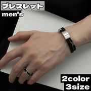 ブレスレット レザー調 メンズ アクセサリー 腕輪 バックル プレート メタル 編み込み 2連 重ね付け風 磁石 マグネット ブラック プレゼント 誕生日