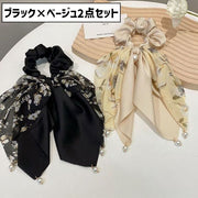 シュシュ 2点セット 2個セット リボン ヘアゴム 髪ゴム レディース 女性 ヘアアクセサリー 髪留め 髪飾り まとめ髪 シンプル 仕事 職場 オフィス 大人 フェイクパール ロングリボン シフォン お洒落 可愛い 可憐さ きれいめ 上品 ファッション小物