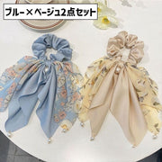 シュシュ 2点セット 2個セット リボン ヘアゴム 髪ゴム レディース 女性 ヘアアクセサリー 髪留め 髪飾り まとめ髪 シンプル 仕事 職場 オフィス 大人 フェイクパール ロングリボン シフォン お洒落 可愛い 可憐さ きれいめ 上品 ファッション小物