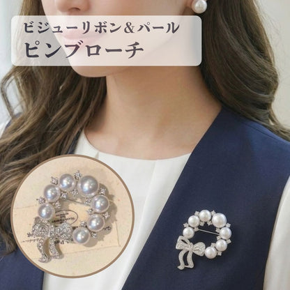 ブローチ サークル型ブローチ レディース パール調 胸飾り リボン 商品画像