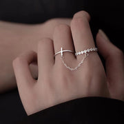 オープンリング チェーン ダブルリング 指輪 レディース 女性 アクセサリー ラインストーン ひし形 ウェーブ ギザギザ クロス 十字架 おしゃれ 華やか かわいい プレゼント ギフト 誕生日 記念日 デイリー 普段使い お出かけ