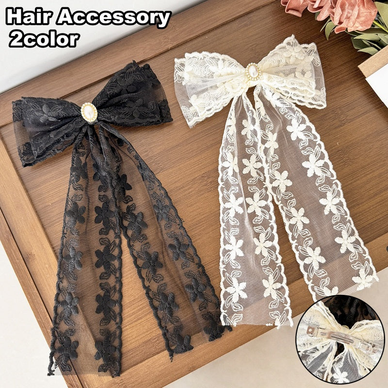 バレッタ ヘアクリップ リボン レディース 女性 ヘアアクセサリー 髪留め 髪飾り ロング 垂れる 大きめ ビッグ レース 花柄 パール調 ヘアアレンジ まとめ髪 華やか 婦人用 ファッション小物