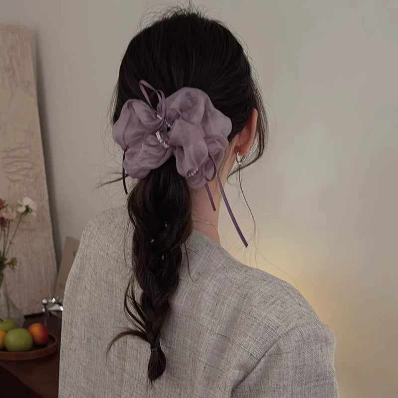 シュシュ ヘアゴム 髪留め フェイクパール 細リボン レディース 商品画像3