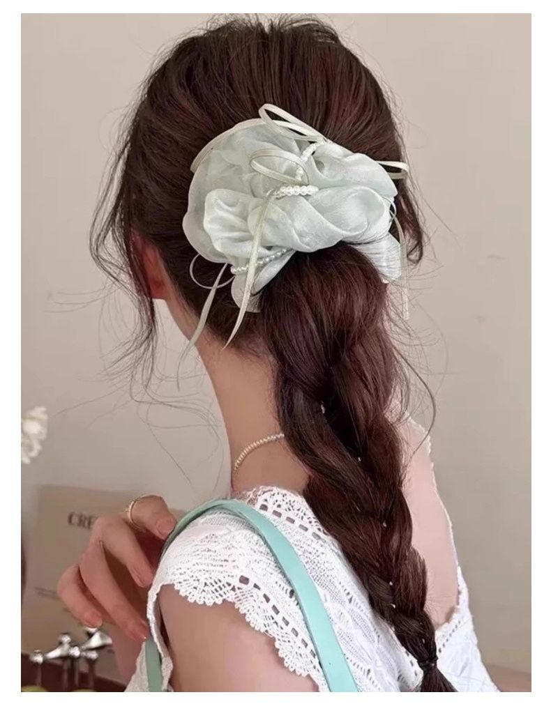シュシュ ヘアゴム 髪留め フェイクパール 細リボン レディース 商品画像4