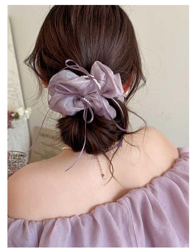 シュシュ ヘアゴム 髪留め フェイクパール 細リボン レディース 商品画像5