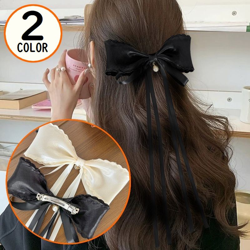 バレッタ ヘアクリップ ヘアアクセサリー レディース 髪飾り 髪留め オーガンジー風リボン ロング 大きめ ダブル 2連 可愛い