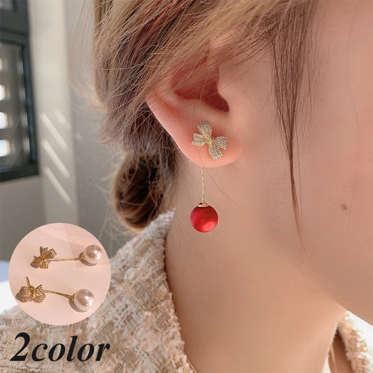 ピアス スタッドピアス ラインストーン フェイクパール リボン ロング 商品画像