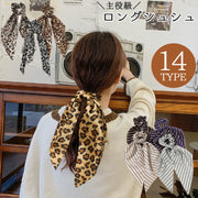 シュシュ ロング 主役級 ヒョウ柄 豹柄 レオパード レオパ ストライプ プリント レディース ヘアアクセサリー 髪飾り 髪留め ヘアゴム ロングリボン スカーフ まとめ髪 ヘアアレンジ おしゃれ 大人 女子 まとめ髪 ポニテ 花柄