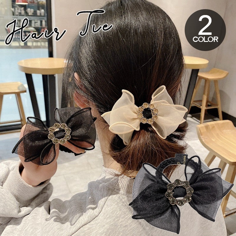 ヘアゴム ヘアアクセサリー レディース 髪ゴム まとめ髪 リボン チュール ラインストーン 大ぶり 存在感 子供用 キッズ 髪飾り かわいい おしゃれ 上品 大人 オフィス OL 普段使い エレガント ガールズ ヘアアレンジ カジュアル 婦人 女性 女の子 カーキ ブラック 黒