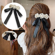 バレッタ レディース ヘアアクセサリー リボン フェイクパール パール調 大きめ 髪留め 髪飾り かわいい 上品 おしゃれ きれいめ フォーマル 女性 大人女子 卒業式 入学式 卒園式 ブラック 黒 落ち着いた雰囲気 エレガント