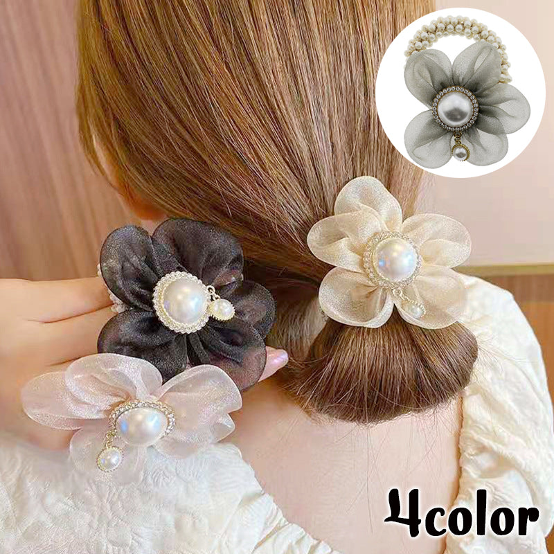 ヘアゴム ヘアアクセサリー レディース 髪飾り 髪留め フラワー 大ぶり フェイクパール シフォン 花 大人上品 ヘアアレンジ おしゃれ かわいい パーティー イベント お出かけ デート 透け感 女性用 ファッション小物