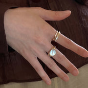 指輪 オープンリング レディース 女性用 アクセサリー 貝殻調 ラインストーン 2連 おしゃれ 可愛い 上品 プレゼント ゴールドカラー