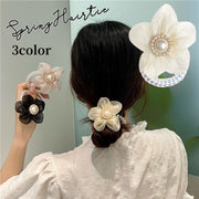 ヘアゴム スプリングゴム 髪ゴム レディース 女性 お花 フラワー フェイクパール ラメ チュール 上品 ヘアアクセサリー ファッション雑貨 髪留め ヘアアレンジ まとめ髪 かわいい 華やか 髪飾り 跡が付きにくい ピンク ブラック 黒 ベージュ キッズ 女の子 大人可愛い エレガント 存在感
