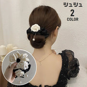 シュシュ 単品 ヘアゴム 髪ゴム レディース 髪留め 髪飾り まとめ髪 ヘアアクセサリー ヘアアレンジ 婦人用 女性用 バラ フラワー フェイクパール 揺れる リボン 可愛い おしゃれ ポニーテール ロングヘア セミロング 普段使い デイリー 外出 お出掛け