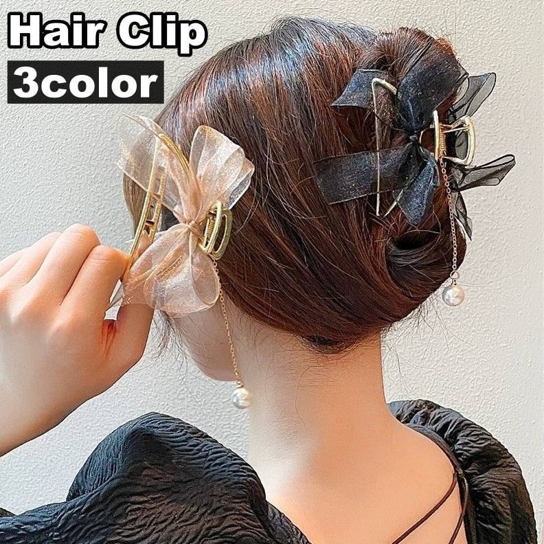 ヘアクリップ バンスクリップ 髪留め レディース 女性用 ヘアアクセサリー パール調 リボン チュールレース 髪飾り ヘアアレンジ 上品 エレガント おしゃれ かわいい パーティー 結婚式 入学式 フォーマル