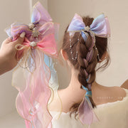 ヘアクリップ 髪留め レディース 女性 ヘアアクセサリー ファッション雑貨 ダブルリボン 編み込みリボン チェーン フェイクパール 星 スター ワニクリップ オーガンジー グラデーション カラフル ピンク ブルー ホワイト ガーリー ポップ カジュアル 夢かわ系 メルヘンチック