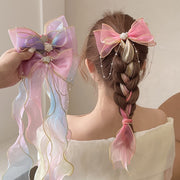 ヘアクリップ 髪留め レディース 女性 ヘアアクセサリー ファッション雑貨 ダブルリボン 編み込みリボン チェーン フェイクパール 星 スター ワニクリップ オーガンジー グラデーション カラフル ピンク ブルー ホワイト ガーリー ポップ カジュアル 夢かわ系 メルヘンチック