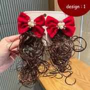 ヘアクリップ 子供用 ヘアアクセサリー 付け毛付 くちばしクリップ キッズ ベビー 女の子 七五三 パーティー クリスマス お正月 ヘアアレンジ エクステ風 レッド リボン 赤