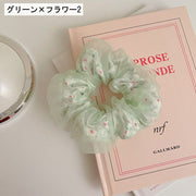 シュシュ レディース ヘアアクセサリー ヘアゴム チュール シアー 透け感 花柄 フラワー ドット かわいい おしゃれ まとめ髪 ヘアアレンジ